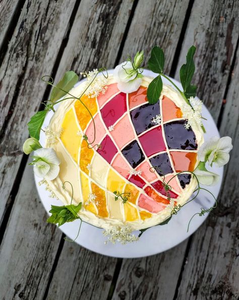 Stained glass kaleidoscope cake ✨ Stained glass cake series continued. An incredibly satisfying challenge, this one. So amazing to see it… | Instagram Stained Glass Dessert, Mosaic Cake, Stained Glass Cake, Caramelized Honey, Mascarpone Buttercream, Stained Glass Kaleidoscope, Hazelnut Mousse, Meyer Lemon Curd, Mascarpone Mousse