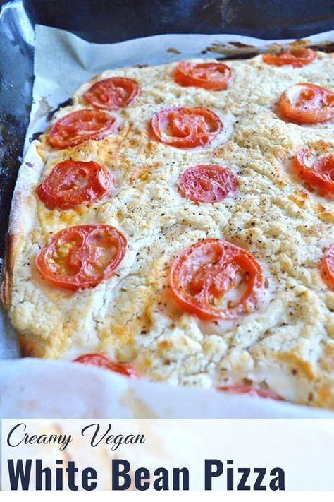 Who doesn't love pizza? Especially when it's a super easy vegan pizza. Sick of tomato-based pizza? This tangy vegan white bean sauce is creamy and garlicky and comes together in a matter of minutes. Lash it thickly on your pizza and add some ripe sliced tomatoes . Sink your teeth into the crumbly feta-like top into the smooth bed of sauce underneath. WARNING: It's addictive! Wfpb Pizza Recipes, Vegan White Sauce Pizza, White Bean Vegan Recipes, Vegan White Bean Recipes, Vegan White Pizza Sauce, Wfpb Pizza, Vegan White Pizza, White Bean Sauce, Bean Pizza