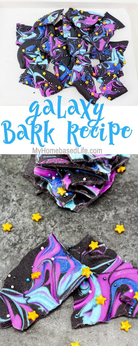 A Far-out chocolate dessert for little astronauts, make this Galaxy Bark Recipe today with your little ones and see how creative they get. #galaxy #space #barkrecipe #chocolate | Dessert Recipe | Bark Recipe | Galaxy Recipes | Galaxy | Space | Recipes for kids | Galaxy Homeschool Unit | Chocolate Dessert via @myhomebasedlife Galaxy Bark Recipe, Galaxy Desserts, Kids Stem Activities, Eclipse Party, Galaxy Jar, Fun Stem Activities, Chocolate Bark Recipe, Creative Dessert Recipes, Galaxy Chocolate