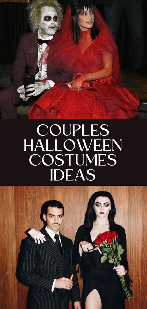 2 stacked photos of 2 person halloween costumes. Beetlejuice Couple Costume, Movie Couples Costumes, Beetlejuice Halloween Costume, Beetlejuice Costume, Halloween Duos, Horror Halloween Costumes, Classy Halloween Costumes, Classic Halloween Costumes, Beetlejuice Halloween