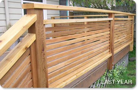 Horizontal Wood 1x2 Slat Privacy Handrail Horizontal Deck Railing, Deck Staining, Wood Deck Railing, Porch Railing Designs, Deck Stair Railing, Deck Railing Ideas, Patio Railing, Deck Railing Design, Laying Decking