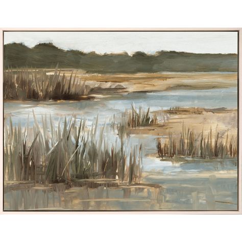 A marsh landscape yields a tranquil vista for escape. Canvas is wrapped around wood stretcher bars and mounted in a whitewash wood floater frame. Marsh Landscape, Outdoor Fencing, Whitewashed Wood, Backyard Play, Whitewash Wood, Distressed Painting, Pergola Shade, Floater Frame, Detail Art