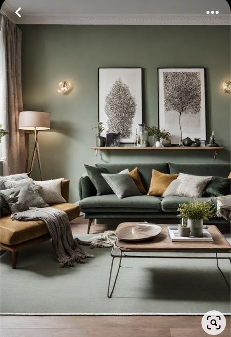 Apartment Reference, Living Room Design Green, Sage Living Room, Green Walls Living Room, Green Sofa Living, Sage Green Living Room, Green Living Room Decor, Earthy Living Room, Green Accent Walls