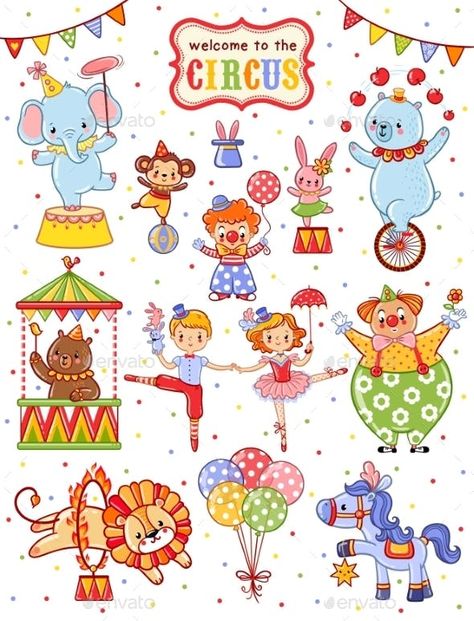 Cute Vector Collection Of Circus. - Backgrounds Decorative Circus Clipart, Circus Illustration, Clown Cake, Circus Poster, Cute Vector, Circus Animals, Circus Clown, Birthday Cupcake