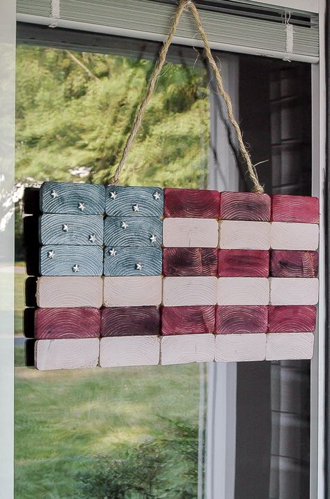 Patriotic Front Porch, 2x4 Wood Projects, 2x4 Crafts, 2x4 Wood, Scrap Wood Crafts, Wood Crafting Tools, Wood Scraps, Wood Flag, Fourth Of July Decor