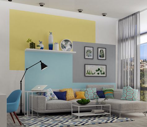 Bright life на Behance Color Block Wall Living Room, Wall Paint Colour Ideas, Colour Palette For Living Room, Living Room Wall Painting Ideas, Room Wall Painting Ideas, Living Room Colour Ideas, Paint Colour Ideas, Spring Apartment, Cosy Living Room Ideas