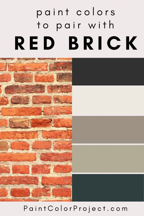 the best paint colors to pair with red brick and things to take into consideration when choosing paint to pair with your natural red brick accents! Paint Colors Around Red Brick Fireplace, Red Brick 70s House, Paint That Matches Red Brick, Paint Colors That Compliment Orange Brick, Red Brick Interior Color Schemes, Paint Trim For Red Brick Houses, Boho Brick House Exterior, Red Brick With Shutters, Paint That Compliments Red Brick