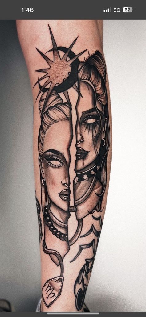 Sweet idea! Crazy Leg Tattoos, Good And Bad Tattoos, Bad Habits Tattoo Ideas, Arm Flash Tattoos Women, Front Throat Tattoo Ideas, Female Gargoyle Tattoo, Better Half Tattoo, Unique Soul Tattoo, Small Under Eye Tattoos For Women