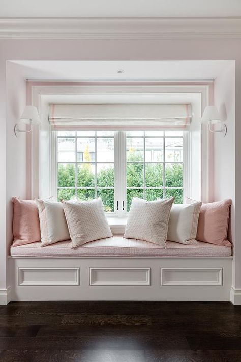 Window Seat Nook with Light Pink Cushions and Pillows - Traditional - Den/library/office Girls Room Interior Design, Window Alcove, White And Pink Bedding, Hall Window, Pink Kids Bedrooms, Ideas Dormitorio, Bedroom Alcove, Window Seat Nook, Bedroom Window Seat