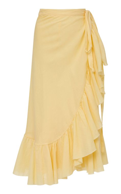 Loup Charmant Ruffle Cotton Wrap Skirt Yellow Maxi Skirt, Luxury Long Ruffled Wrap Skirt, Fitted Yellow Ruffled Skirt, Yellow Flowy Ruffled Maxi Skirt, Yellow Ruffled Long Skirt, Flowy Yellow Ruffled Skirt, Ruffle Wrap Skirt, Stylish Skirts, Cotton Midi Dress