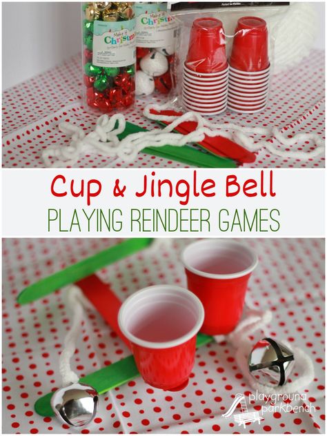 Cup and Jingle Bell - Playing Reindeer Games for the Holidays #holidays #Christmas #game Classroom Christmas Party, School Christmas Party, Xmas Games, Reindeer Games, Christmas Games For Kids, Holiday Party Games, Christmas Kindergarten, Holiday Party Favors, Kids Christmas Party