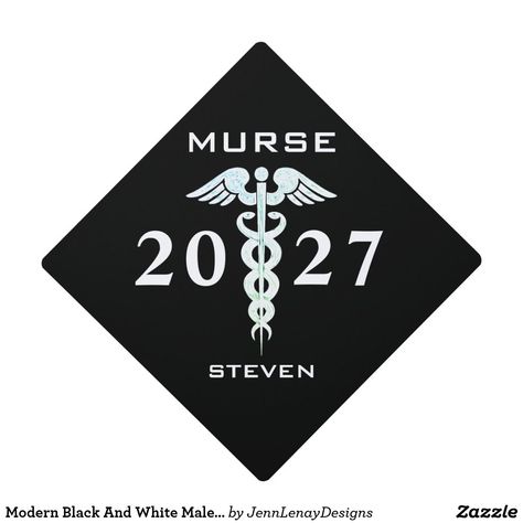 Modern Black And White Male Nurse Personalized Graduation Cap Topper Male Nurse Graduation Cap, Male Graduation, Nurse Graduation Cap, Graduation Hats, College Graduation Cap Decoration, Diy Graduation Cap, Grad Ideas, Grad Caps, Male Nurse