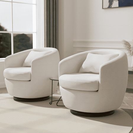 Add a unique and attractive touch to your home with this stylish modern white Swivel Barrel Chair. Featuring a high backrest, thick cushions, and armrests, this chair is filled with soft high-density foam and is ergonomically designed to embrace your body and provide exceptional comfort. The solid 360-degree swivel metal base ensures stability, preventing any loosening or shaking over time. It's the perfect addition to your bedroom, living room, nursery room, office, or reading room, bringing bo Walmart Swivel Chair, Swivel Chair Bedroom, Chairs For Living Room, Modern Farmhouse Dining Room, Modern Farmhouse Dining, Natural Living Room, Accent Chairs & Armchairs, Bedroom Seating, Swivel Barrel Chair