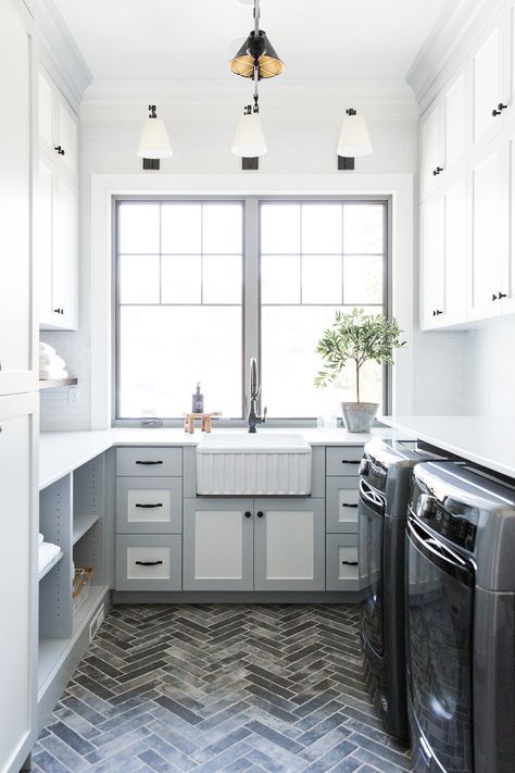 Mcgee Bathrooms, Studio Mcgee Paint, Studio Mcgee Paint Colors, Laundry Room Decorating, Grey Laundry Rooms, White Farmhouse Sink, Lights Hanging, Modern Laundry Rooms, Laundry Room Inspiration