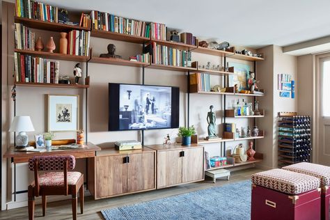 Tour a Vibrant Reimagining of a 1960s Brooklyn Co-op Closet Doors Painted, Modular Furniture System, Home Ideas Kitchen, Home Drawing, Drawing Home, Apartment Needs, Long Walls, Modular Shelving, Living Room Shelves