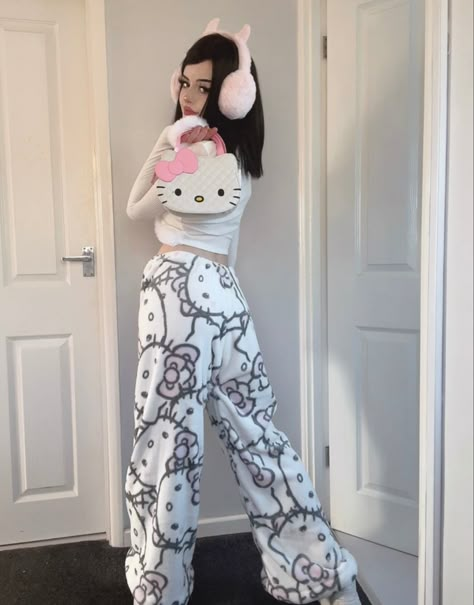 Hello Kitty Trousers, Hello Kitty Style Outfits, Hello Kitty Clothes Aesthetic, Hello Kitty Aesthetic Outfit, Hello Kitty Outfit Ideas, Hello Kitty Outfit Aesthetic, Hello Kitty Pjs, Hello Kitty Style, Hello Kitty Outfit