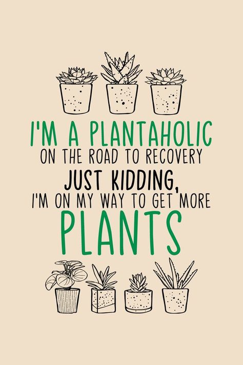 I'm a plantaholic on the road to recovery, Just kidding, I'm on my way to get more plants - Plant Lover Plant Jokes, Gardening Memes, Think Poster, Garden Center Displays, Plant Puns, Road To Recovery, Plants Quotes, Garden Quotes, Creative Gardening