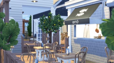 Whiskerman's Seafood | Patreon Sims 4 Seafood Restaurant, Sims 4 Brindleton Bay Restaurant, Sims 4 Restaurant Build, Sims 4 Brindleton Bay, Brindleton Bay, Furniture Cc, Spoon Collection, London Interior, Custom Recipe