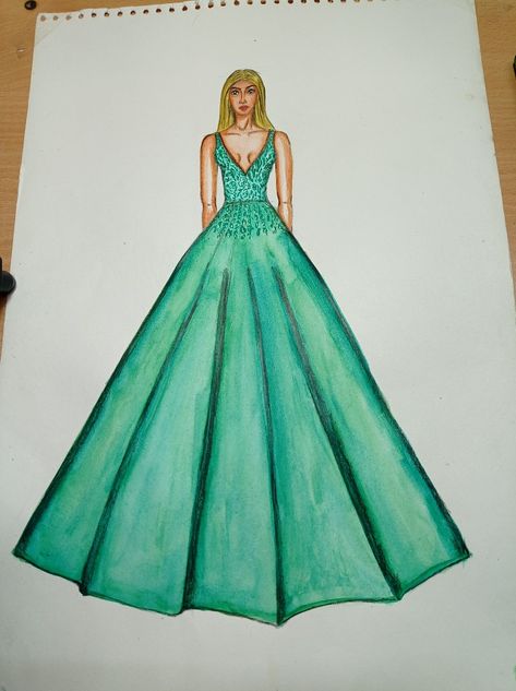 Long gown Illustration with embroidery Fashion Illustration Dresses Gowns, Gown Illustration, How To Render, Fashion Illustration Sketches Dresses, Printed Gowns, Sketches Dresses, Fashion Illustration Dresses, Long Frocks, Fashion Illustration Sketches