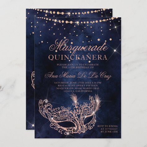 Masquerade mask rose gold glitter quinceanera invitation | #princess #rosegoldglitter #masquerademaskillustrations #diamondsstringlights #navybluewatercolor #mardigrasbirthdaytheme #glitterquinceañera #misquince #15thbirthday #carnivalsparkles Masquerade Mask Silver, Mardi Gras Invitations, Quinceañera Invitations, Quinceanera Invitation, Princess Birthday Invitations, 16th Birthday Invitations, Sweet 16 Birthday Party, Sweet 16 Invitations, Roses Drawing