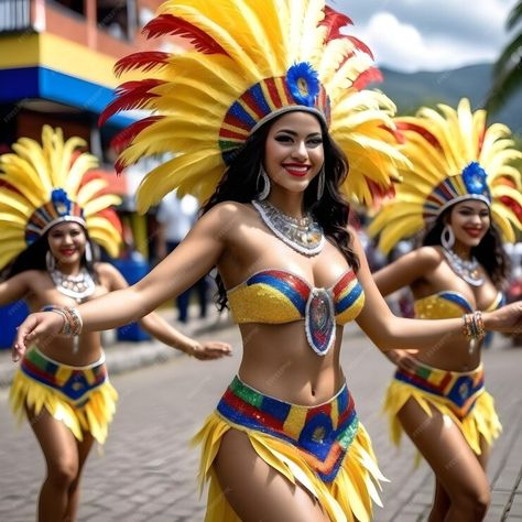 Premium AI Image | Beautiful Colombian women dancing in carnival costume sequins and feathers is a sight to behold T Colombian Carnival, Latina Costumes, Colombian Outfits, Colombian Dance, Brazil Costume, Colombian Woman, Culture Photography, Colombian Fashion, Carnival Fashion