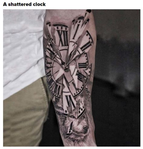 58 Amazing Tattoos You Couldn't Afford to Get Tattooed - Wow Gallery Shattered Clock Tattoo, Tattoo Sites, Kunst Tattoos, Epic Tattoo, Muster Tattoos, Clock Tattoo, Tattoo Videos, Wolf Tattoos, Pattern Tattoo