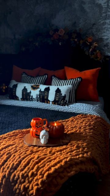 Lindsey Davis on Instagram: "Let’s make the bed… Spooky Edition! 🦇

This years Halloween bedding is mostly new 🤌🏼 new pillows except for the beaded lumbar that was a runner turned pillow craft from a few years ago! New quilt, new blanket, new sheets and new garland 💅 I generally lean into the black and white stripes with a pop of orange and this year is clearly no exception 😂 but I wanted to mix it up a bit! 

Halloween decor spills into every room of the house! I have some more to do for the Halloween bedroom to be complete, the hats and candles need to go up, lights ✨ on the hunt for a duvet for the end of the bed and some other fun accents! 

As always all products are linked in my Amazon in my bio! Feel free to ask for specific links directly! 

Have you started decorating yet?? Halloween Bed Set, Fall Halloween Bedroom, Horror Themed Bedroom, Halloween Themed Bedroom, Ghost Bed, Burnt Orange Bedroom, New Sheets, Halloween Bedding, The Monster Mash