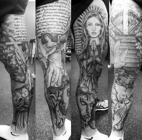 Religious Themed Mens Heavens Gates Tattoos Leg Sleeve Gates Of Heaven Tattoo, Religous Tattoo, Religious Tattoo Sleeves, Guardian Angel Tattoo, Sky Tattoos, Heaven Tattoos, Full Leg Tattoos, Kunst Tattoos, Marvel Tattoos