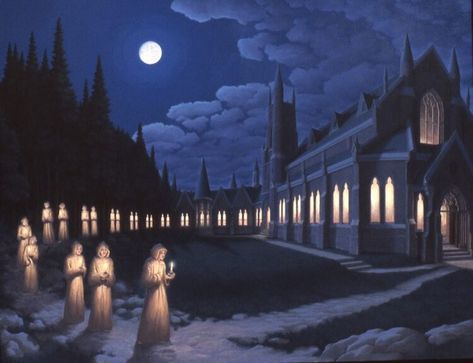 Candlelit Cloister ー Rob Gonsalves Robert Gonsalves, Rob Gonsalves, Optical Illusion Paintings, Illusion Paintings, Gothic Images, Surrealist Art, Snow Images, Canadian Painters, Art Appliqué