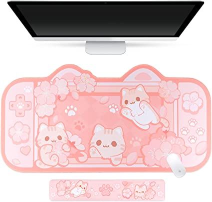 Cat Gaming Setup, Cute Mousepad, Pink Setup, Flowers Kawaii, Kawaii Mouse Pad, Laptop Gaming Setup, Cat Adorable, Electronics Devices, Anime Desk