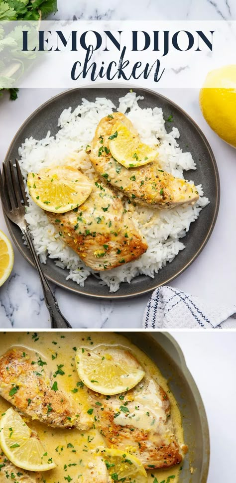 This lemon Dijon chicken features seared chicken breasts simmered in a fresh lemon Dijon mustard cream sauce. Amazing over a bowl of rice or pasta! Lemon Dijon Chicken, Dijon Mustard Chicken, Dijon Mustard Sauce, Pasta Calories, Cream Sauce For Chicken, Mustard Cream Sauce, Mustard Chicken Recipes, Lemon Cream Sauces, Bowl Of Rice