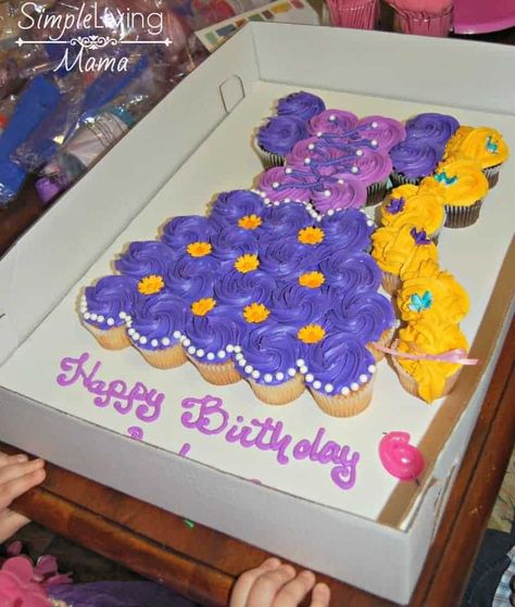 DIY Rapunzel Birthday Party - Tangled Themed Birthday! - Simple Living Mama Tangled Cupcakes, Rapunzel Cupcakes, Princess Cupcake Cake, Rapunzel Birthday Cake, Rapunzel Cake, Tangled Birthday Party, Rapunzel Birthday, Rapunzel Birthday Party, Tangled Birthday