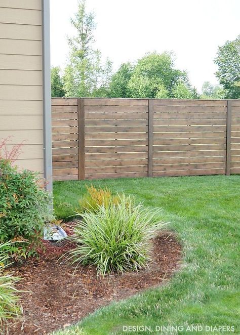 Staining A Fence, Diy Backyard Fence, Wood Fence Design, Privacy Fence Designs, Sloped Backyard, Living Fence, Horizontal Fence, Backyard Privacy, Fence Styles