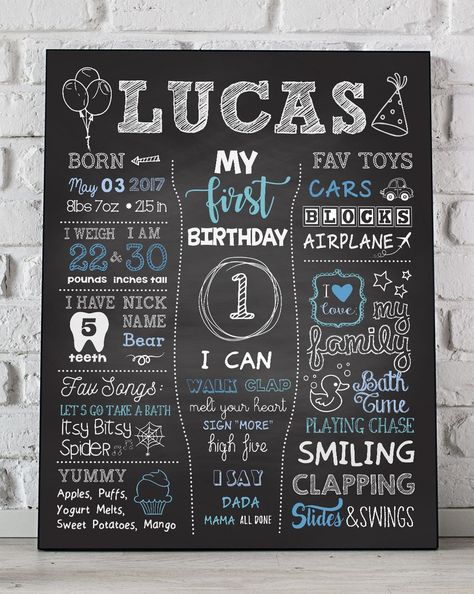 Birthday Board Diy, First Birthday Board, 1st Birthday Chalkboard, Birthday Boards, First Birthday Chalkboard, Birthday Presents For Mom, Chalkboard Poster, Baby Boy First Birthday, First Birthday Decorations