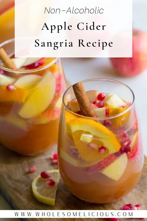 If you're looking for a kid-friendly drink that everyone will love, then whip up a batch of this Non-Alcoholic Apple Cider Sangria. Everyone will love this healthier version of sangria and you can add alcohol if it's just grown up fun! Gluten Free Fall Alcohol Drinks, Virgin Apple Cider Cocktail, Virgin Apple Cider Sangria, Mocktail Apple Cider, Non Alcoholic Apple Cider Sangria, Fall Sangria Recipes Non Alcoholic, Virgin Fall Sangria, Nonalcoholic Sangria Recipes, Non Alcoholic Sangria Fall