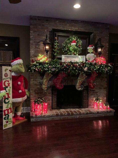 Grinch Christmas Decorations Fireplace, Grinch Christmas Living Room Decor, Grinch Fireplace Decorations, Grinch Decorated House, Grinch Christmas Fireplace, The Grinch Fireplace Decorating Ideas, Grinch Chimney Decorations, Grinch Fireplace Decorating Ideas, Grinch Christmas Decorations Living Room