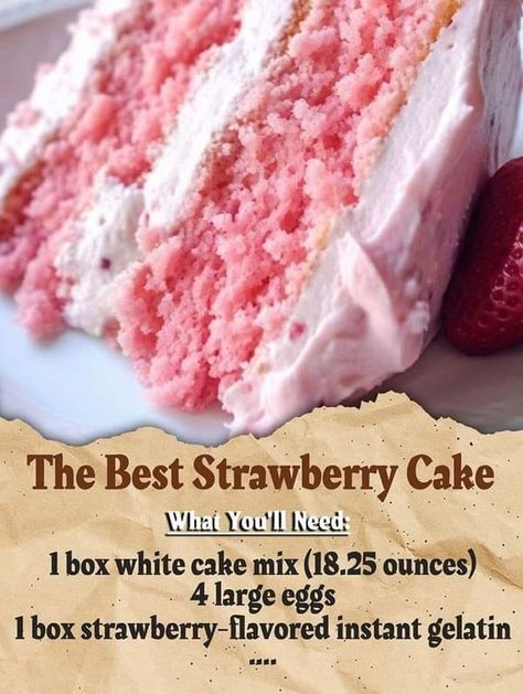 Grandma’s old recipes | Heavenly Strawberry Cake | Facebook Best Strawberry Cake Ever, Best Strawberry Cake, Delicious Strawberry Cake, Homemade Strawberry Cake, Strawberry Cream Cheese Frosting, Strawberry Cake Mix, Strawberry Cake Recipes, Cherry Recipes, White Cake Mixes