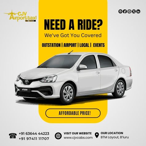 From Local Rides to Outstation Trips – CJV Cabs Has You Covered! No matter where you're headed, CJV Cabs is here to make your journey smooth and hassle-free. We offer reliable outstation trips, convenient airport transfers, and local taxi services to meet all your travel needs. With our professional drivers and comfortable cabs, you can enjoy stress-free travel at affordable rates. Book with CJV Cabs today and experience top-notch service every time! 📞 +91 63644 44223 / +91 97411 11707 🔗 www.... Taxi Creative Ads, Cabs Are Here, Taxi Advertising, Taxi Uber, Taxi Service Poster, London Taxi Cab, Airport Taxi, Taxi Service, Free Travel