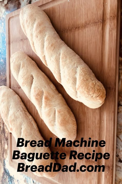 3 bread machine baguettes on wooden cutting board Bread Machine Baguette, Baguette Recipe Bread Machine, Bread Machine Quick Bread, Easy Baguette Recipe, French Bread Bread Machine, Pizza Dough Italian, Bread Machine French Bread, Easy Baguette, Bread Machine Banana Bread