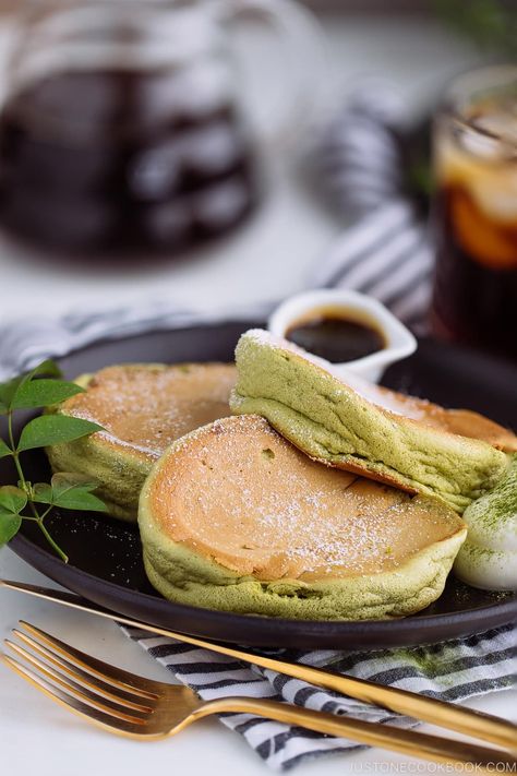 Are you ready for the dreamiest pancakes for your Sunday brunch? These perfectly scented Matcha Soufflé Pancakes are calling. They’re super airy and fluffy like you’re eating cottony clouds with a special touch of Japanese flavor! Top them with homemade whipped cream, maple syrup, and an extra sprinkling of green tea powder. #matcha #soufflepancake #pancake | Easy Japanese Recipes at JustOneCookbook.com Matcha Souffle, Pancake Easy, Matcha Pancakes, Souffle Pancakes, Easy Japanese Recipes, Measuring Ingredients, Matcha Recipe, Japanese Recipes, Homemade Whipped Cream