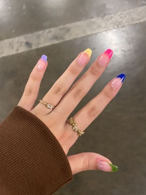 Colourful French Tip Acrylic Nails, Colourful French Tip Nails Coffin, Multi Colored French Tip Nails Coffin, Coloured French Nails Tips Coffin, Colourful Tips Nails, Coloured French Tip Acrylic Nails, Colourful Nails Acrylic, Colourful French Nails, Colour French Tips Nails