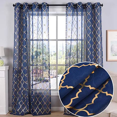 Amazon.com : Blue and Gold Bedroom Glam Dining Room Decor, Blue And Gold Curtains, Blue And Gold Bedroom, Glam Dining Room, Blue Bedroom Decor, Window Sheers, Gold Curtains, Striped Curtains, Gold Bedroom