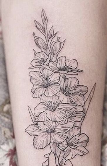 Gladiolus Tattoo With Name, Gladiolus Flower Tattoos, Bird Tattoo Sleeves, Gladiolus Tattoo, Strawberry Tattoo, Floral Thigh Tattoos, Flower Thigh Tattoos, Gladiolus Flower, Geisha Tattoo