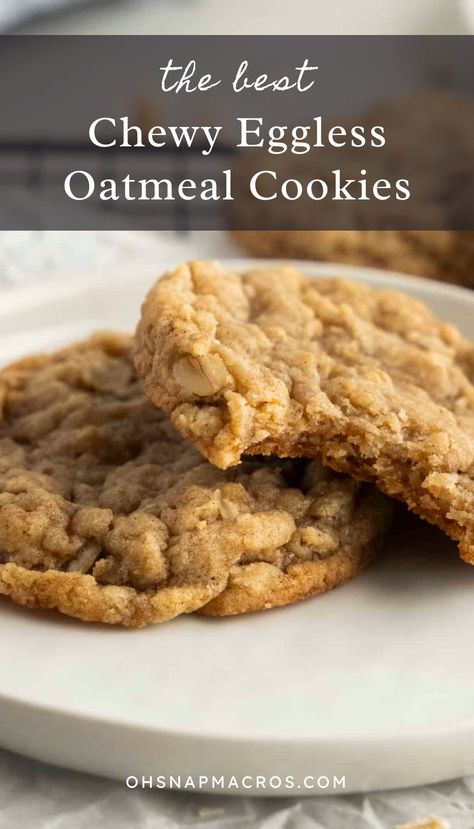 These Eggless Oatmeal Cookies are the perfect cookies to make when you want something homemade and not too sweet. With crisp edges and a soft and chewy texture, these classic cookies are perfect for school lunches, as an after work snack and when you want a little sweet treat. Cookie No Egg Recipe, Macro Friendly Oatmeal Cookies, Oats Cookies Recipe Eggless, Egg Free Baked Goods, Banana Cookies No Egg, Easy Vegan Oatmeal Cookies, Eggless Banana Cookies, 1 Egg Cookie Recipe, Eggless Oatmeal Raisin Cookies