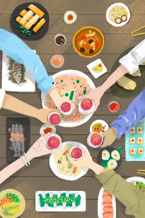 Food Illustration Design, 달력 디자인, New Year Illustration, Creation Art, Illustration Background, Family Illustration, People Eating, Food Drawing, Food Illustrations