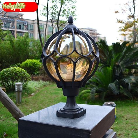 Gate Lights Outdoor, Poles For Outdoor Lights, Outdoor Pillar Lights, Shade Outdoor, Farm Light, Gate Lights, Column Lighting, Outdoor Gate, Modern Gate