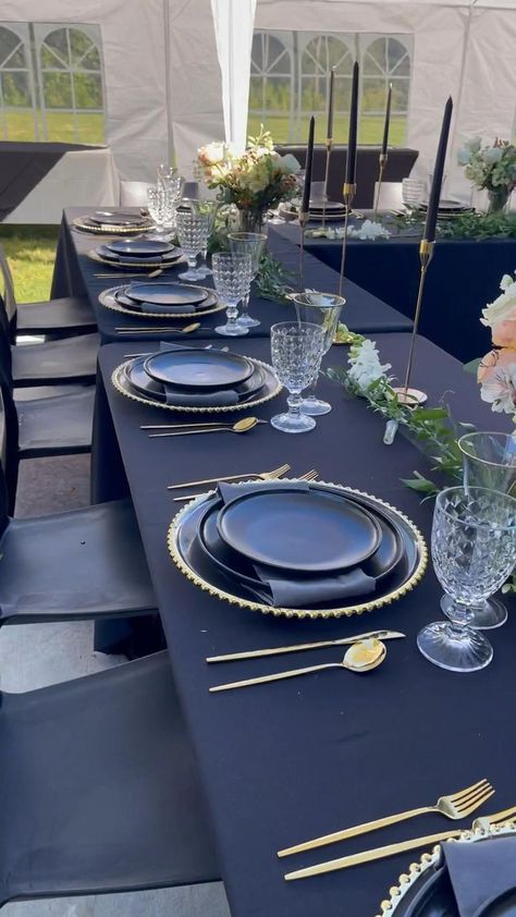 Black and gold table setting for his birthday dinner party. in 2022 | Dinner party table settings, Table settings, Dinner party decorations Black And Gold Table Setting, Table Settings Gold, Table Settings Dinner, Black And Gold Table, Backyard Dinner Party, Gold Table Setting, Dinner Party Table Settings, Graduation Dinner, Dinner Party Decorations