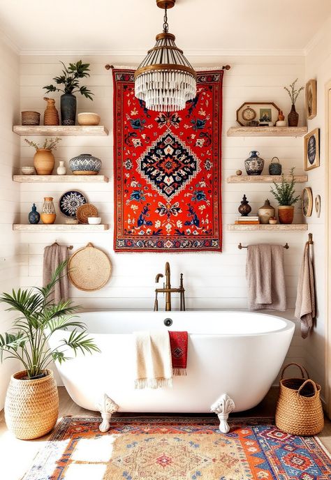 Boho Bathroom Ideas Hippie Bathroom, Handmade Trinkets, Moroccan Inspired Bathroom, Eclectic Accessories, Boho Homes, Eclectic Bathroom Design, Island Bathroom, Boho Bathroom Ideas, Bathroom Oasis