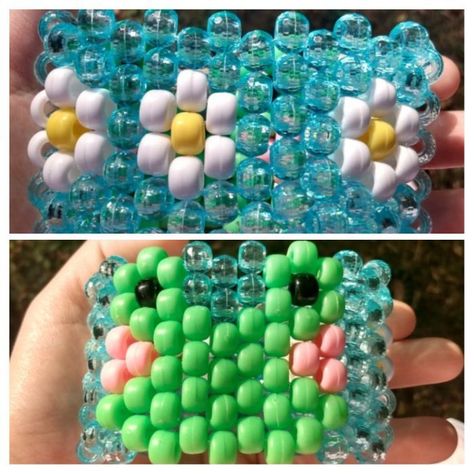 Frog Cuff Kandi Pattern Frog Kandi Bracelet, Simple Kandi Cuff Patterns, Gir Kandi Cuff Pattern, Kandi Cute, Kandi Cuff Patterns Easy, Kandi Cuffs Patterns, Dinosaur Kandi, Easy Kandi Patterns, Kandi Ideas Pattern