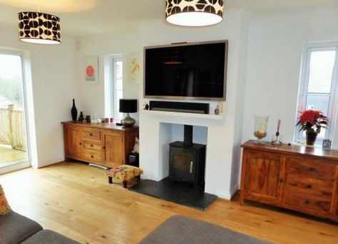 TV over log burner Living Room With Log Burner And Tv, Log Burner With Tv Above, Tv Above Log Burner Living Rooms, Wall Mounted Tv Above Log Burner, Off Center Woodburner With Tv, Best Wood Burning Stove, Above Fireplace Ideas, Firewood Storage Indoor, Tv Above Fireplace